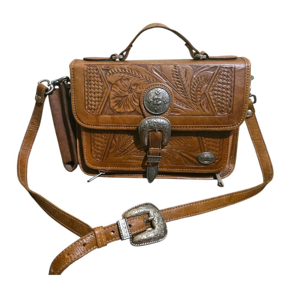 American West Tooled Leather Crossbody Satchel Purse Brown Western Floral Buckle